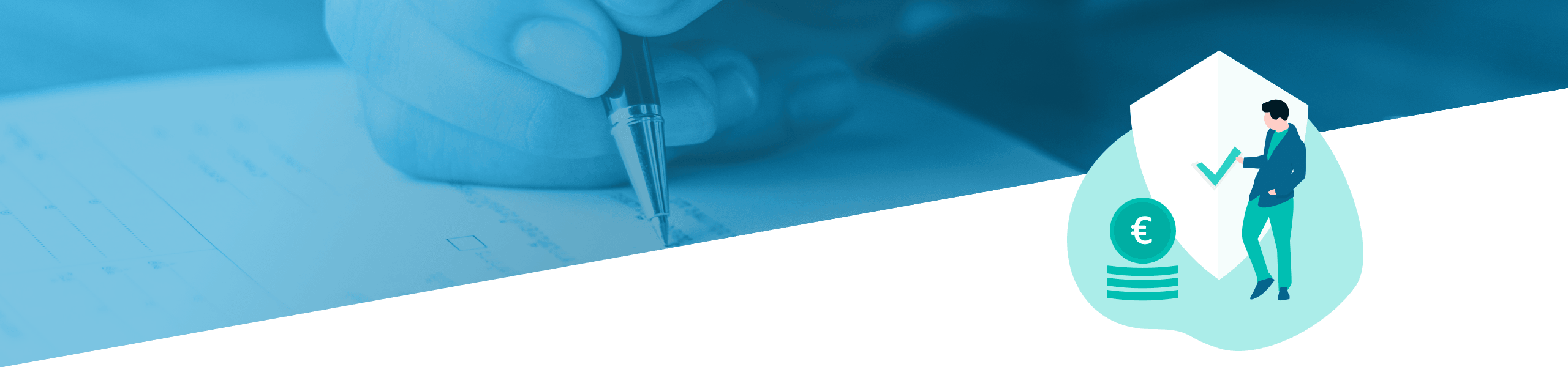 Geteiltes Bild, das die Hand einer Person zeigt, die mit einem Stift in ein Notizbuch schreibt, und eine Illustration einer Person, die auf ein riesiges Euro-Symbol klettert, das Finanzmanagement oder -planung darstellt.