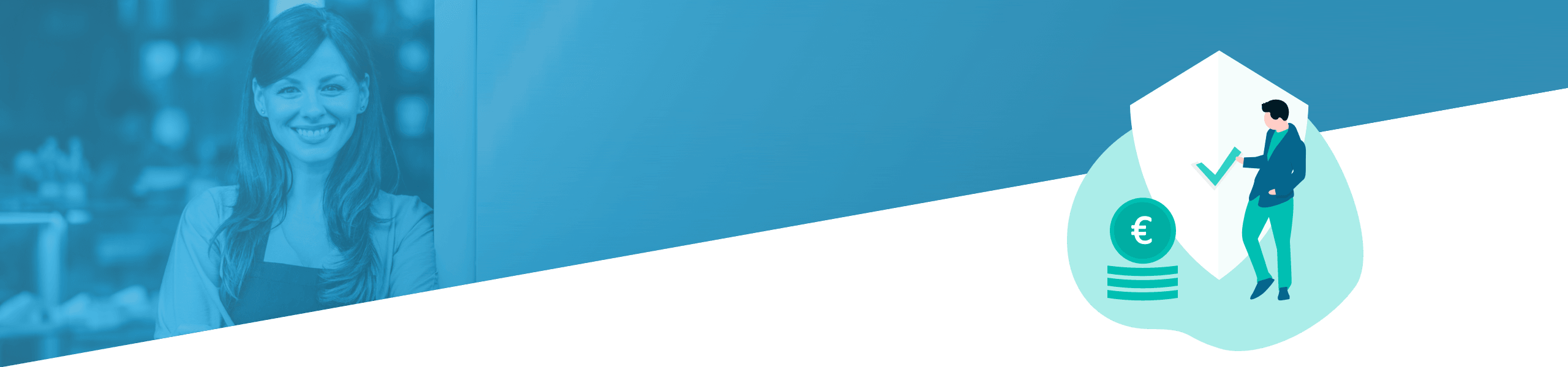 Geteiltes Bild mit einer lächelnden Frau auf der linken Seite und einer Illustration eines Mannes mit einer riesigen Euromünze auf der rechten Seite, beide vor einem blauen Hintergrund.