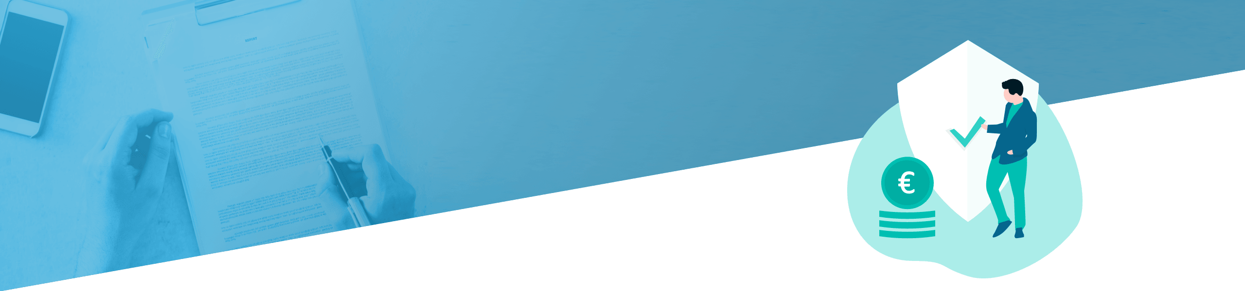 Die Grafik ist in zwei Szenen aufgeteilt: links eine Draufsicht auf Hände, die ein Dokument prüfen; rechts eine Abbildung einer Person, die Finanzdaten auf einem digitalen Bildschirm analysiert.
