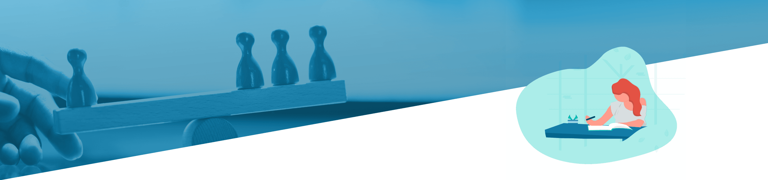 Das geteilte Bild zeigt links eine Hand, die ein Brettspiel spielt, und rechts eine Frau, die neben einem Fenster lernt, beide unter einer blauen Überlagerung.