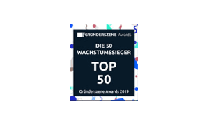 Preisplakette für „die 50 Wachstumssieger Top 50“ des Gründerszene Awards 2019 im blau-schwarzen Design mit bunten Konfettirändern.