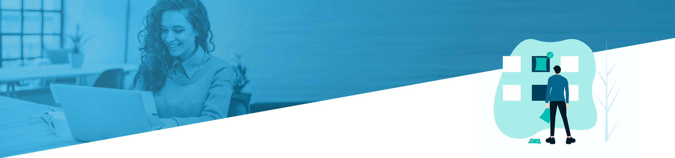 Geteiltes Bild, das links eine Frau zeigt, die in einem Büro einen Laptop benutzt, und rechts die Grafik eines Mannes neben einem Balkendiagramm, beide vor einem blauen Hintergrund.