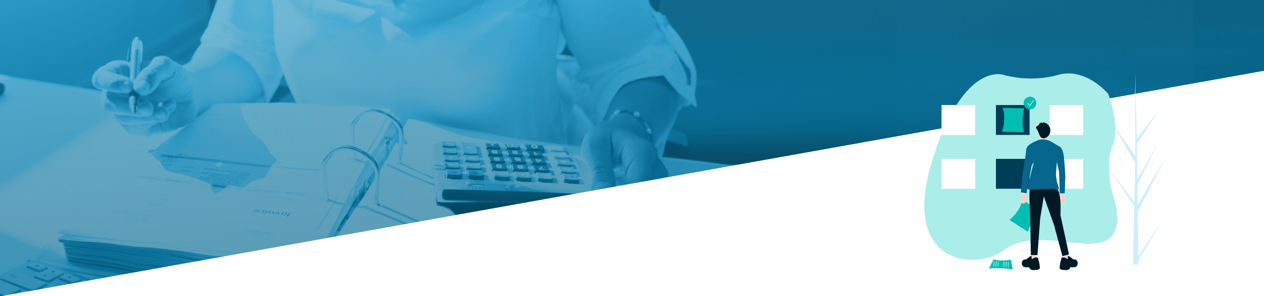 Ein geteiltes Bild mit einer Person, die links an einem unordentlichen Schreibtisch arbeitet, und einer stilisierten Grafik einer Person neben übergroßen Dokumenten auf der rechten Seite, alles in Blautönen.