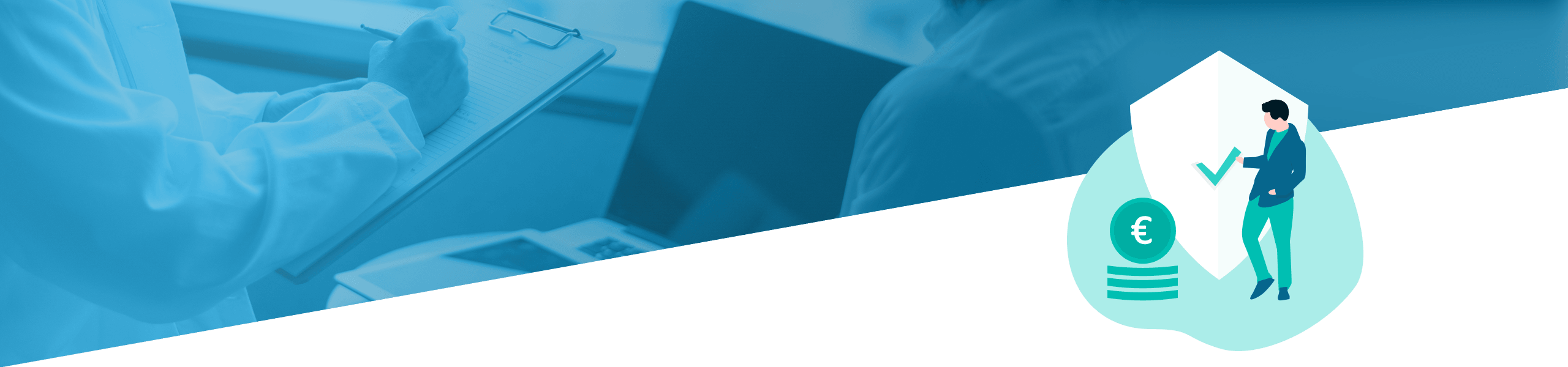 Geteiltes Bild, das links einen Wissenschaftler bei der Arbeit in einem Labor zeigt und rechts einen illustrierten Mann mit einer Münze und Finanzsymbolen.