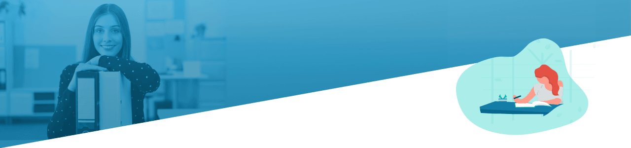 Geteiltes Bild: Die linke Seite zeigt eine lächelnde Frau mit Büchern in einem Büro; die rechte Seite zeigt die Grafik einer Frau, die an einem Schreibtisch einen Laptop benutzt.