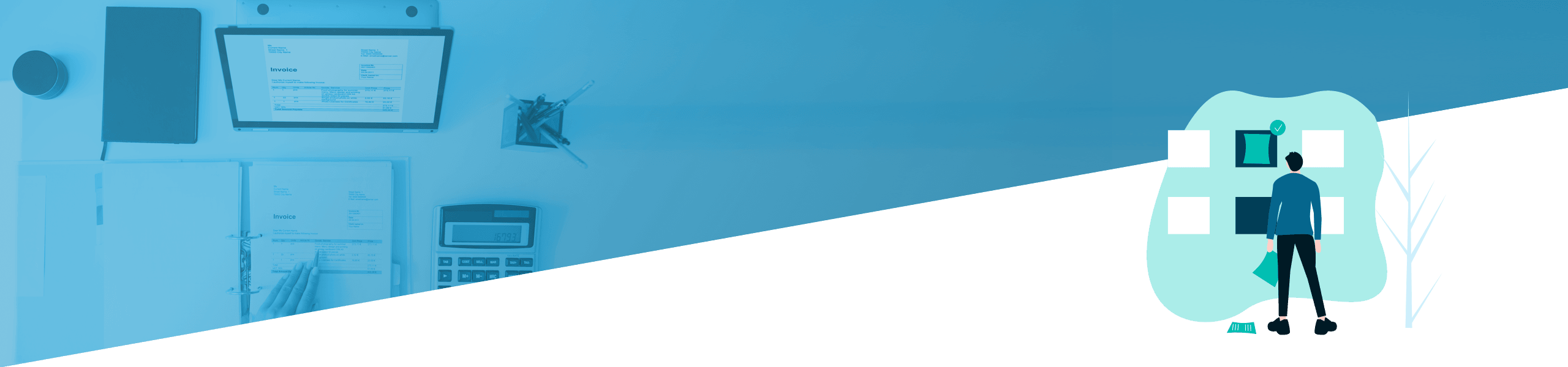 Geteiltes Bild, das links eine Büroeinrichtung zeigt und rechts eine Abbildung einer Person mit Bürosymbolen, alle in Blautönen.