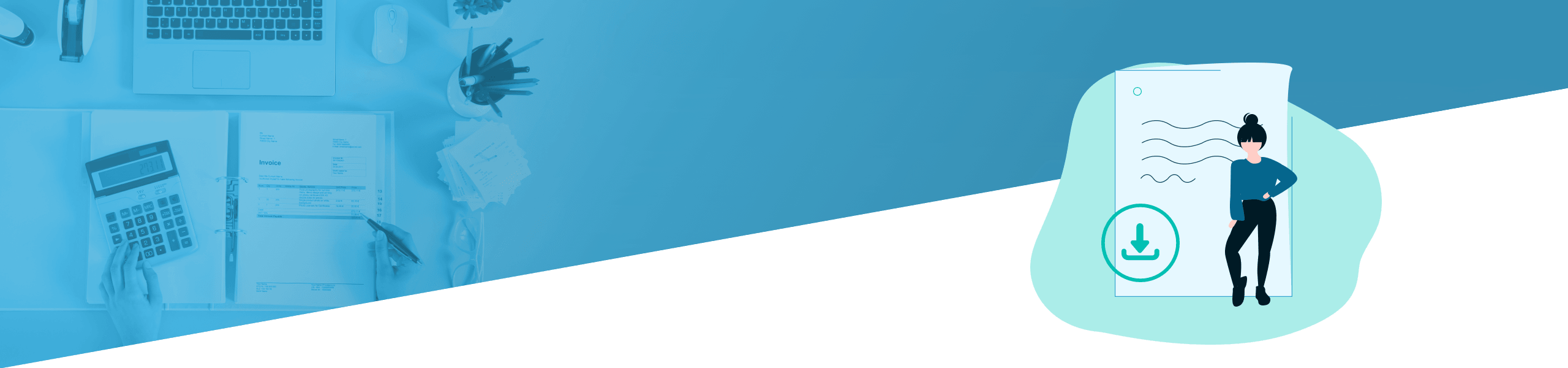 Geteiltes Bild: Die linke Seite zeigt einen Arbeitsplatz mit Computern und Notizbüchern, die rechte Seite illustriert eine Frau neben einem großen Smartphone, auf dem eine App angezeigt wird.