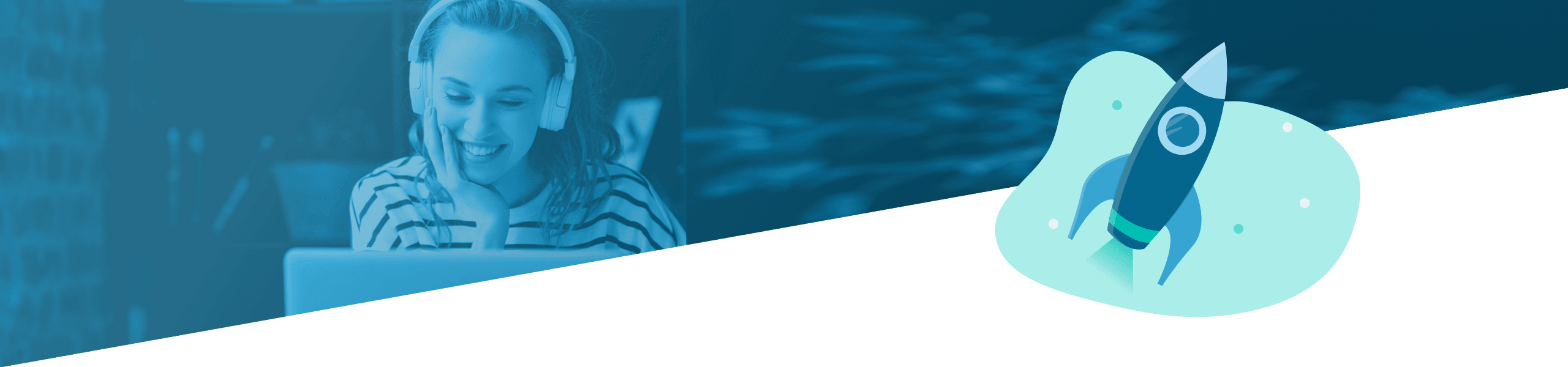 Eine lächelnde Frau, die in einem hell erleuchteten Raum einen Laptop benutzt, gepaart mit der stilisierten Illustration eines Raketenstarts, als Symbol für Innovation oder Motivation.