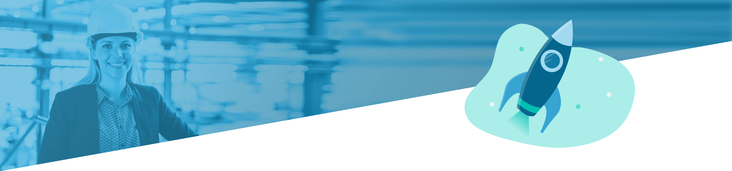 Geteiltes Bild mit einer lächelnden Frau mit Schutzhelm auf der linken Seite und einer Grafik eines Raketenstarts auf der rechten Seite.