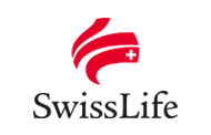Das Logo von Swiss Life besteht aus einer abstrakten roten Figur mit einem weissen Kreuz, welche die Schweizer Flagge darstellt, neben dem Text „Swiss Life“ in Schwarz.