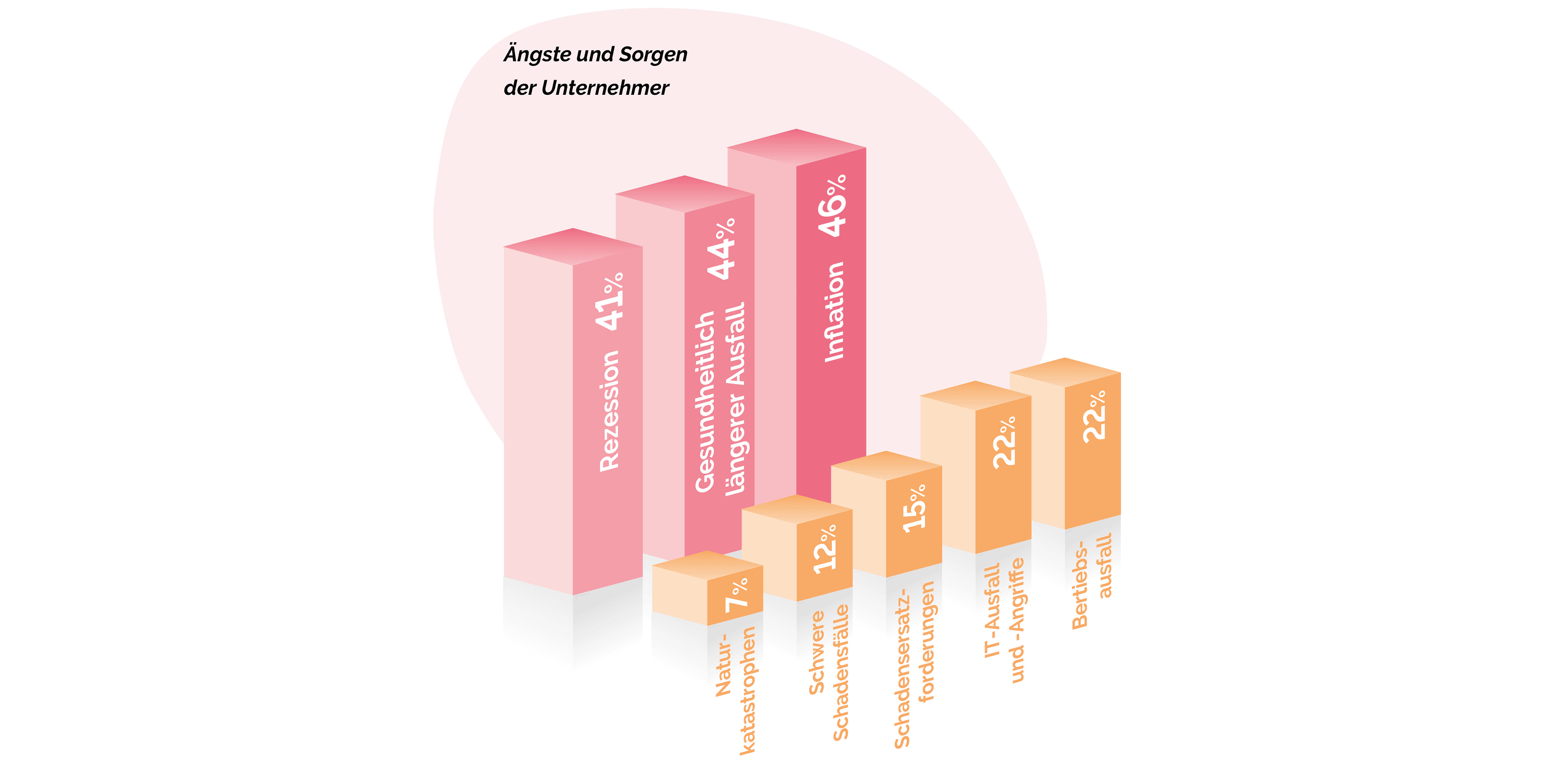 3D-Balkendiagramm, das die Ängste und Sorgen von Unternehmern in Prozenten darstellt, mit Kategorien wie Rezession, Wettbewerb, Inflation und anderen, beschriftet in deutscher Sprache.