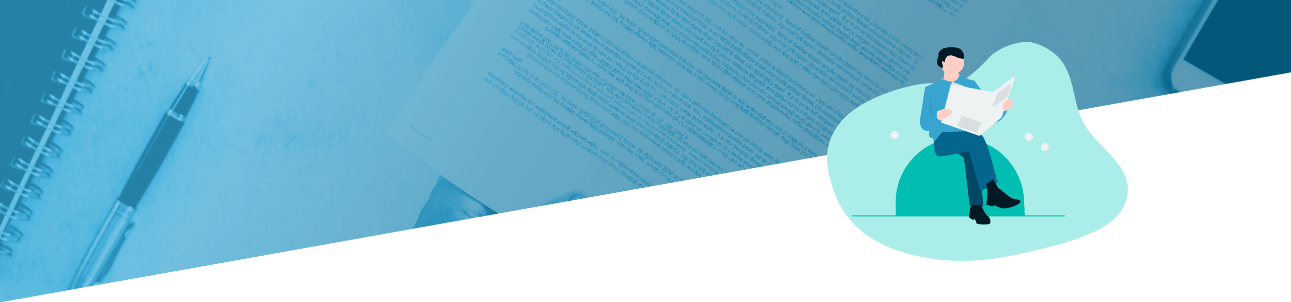 Illustration einer Person, die auf einem Sitzsack sitzt und ein Buch liest, umgeben von großen Dokumenten und einem Notizblock, vor einem hellblauen abstrakten Hintergrund.