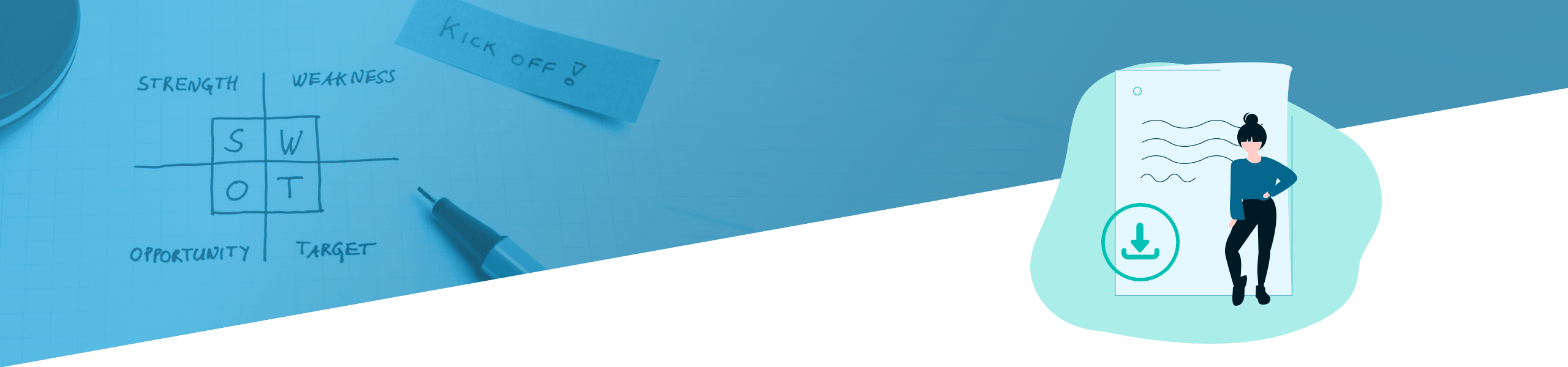 Abbildung einer SWOT-Analyse auf einem Whiteboard und einer Frau, die neben einem großen Smartphone steht, auf dem ein Download-Symbol angezeigt wird.