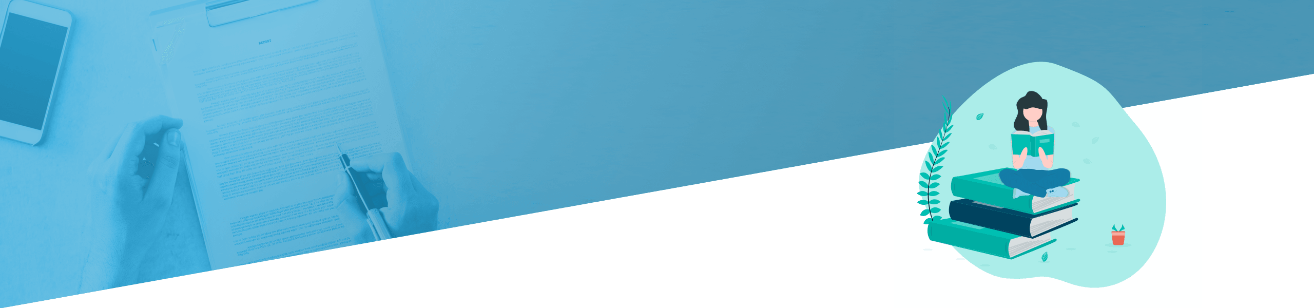 Geteiltes Bild mit einer Person, die links ein Dokument bearbeitet, und einer Illustration einer Frau, die in einer Kapsel auf Büchern sitzt, auf der rechten Seite.