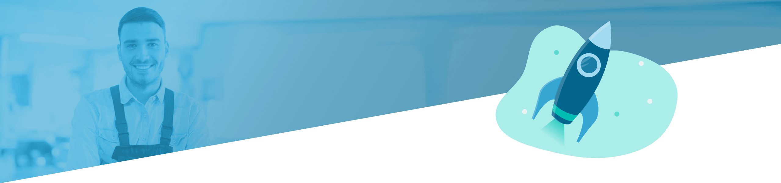 Ein geteiltes Bild mit einem lächelnden Barista auf der linken Seite und einer skurrilen Illustration eines Raketenschiffs auf der rechten Seite. Beide sind vor einem blauen Hintergrund angeordnet.