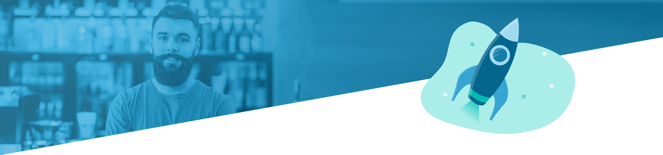 Links ein bärtiger Mann in einer Bar und rechts eine stilisierte Illustration eines Raketenstarts, beide vor blauem, monochromem Hintergrund.