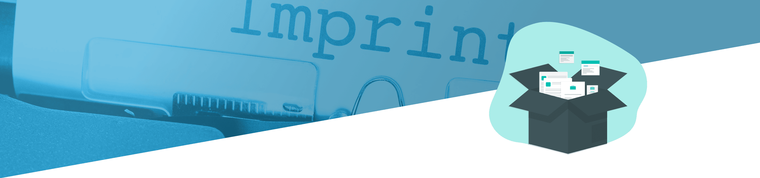 Grafik eines Computers mit dem Wort „Impressum“ auf dem Bildschirm über einer Abbildung eines offenen Kartons voller ausgedruckter Dokumente.