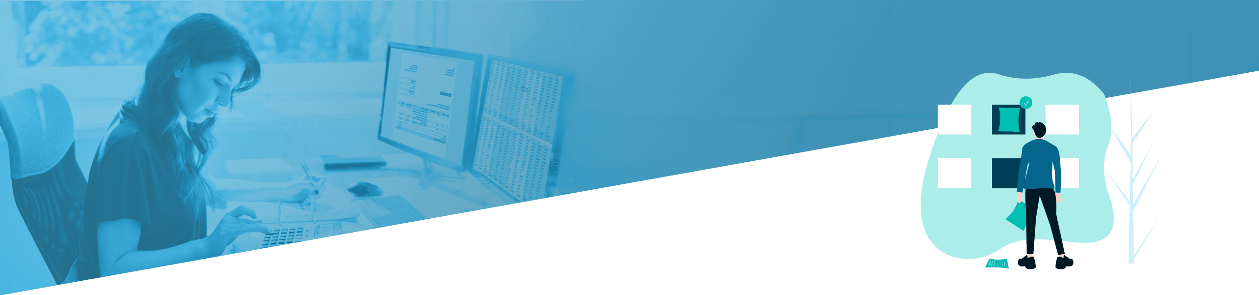 Ein geteiltes Bild, das eine Frau zeigt, die in einer Büroumgebung an mehreren Computerbildschirmen arbeitet, und eine stilisierte Illustration eines Mannes, der Diagramme und Grafiken untersucht.