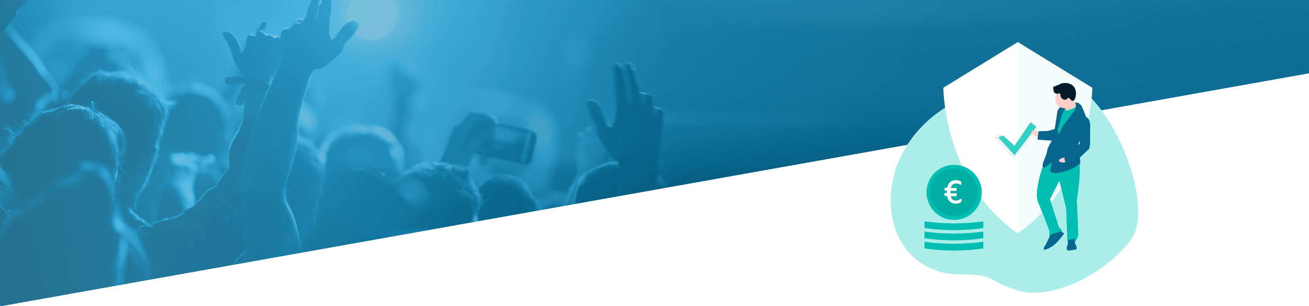 Die Illustration ist in zwei Abschnitte unterteilt: links ein blau getöntes Bild von jubelnden Menschen bei einem Konzert; rechts eine Person, die in einem Schild auf einen großen Münzstapel klettert, was finanzielle Sicherheit symbolisiert.