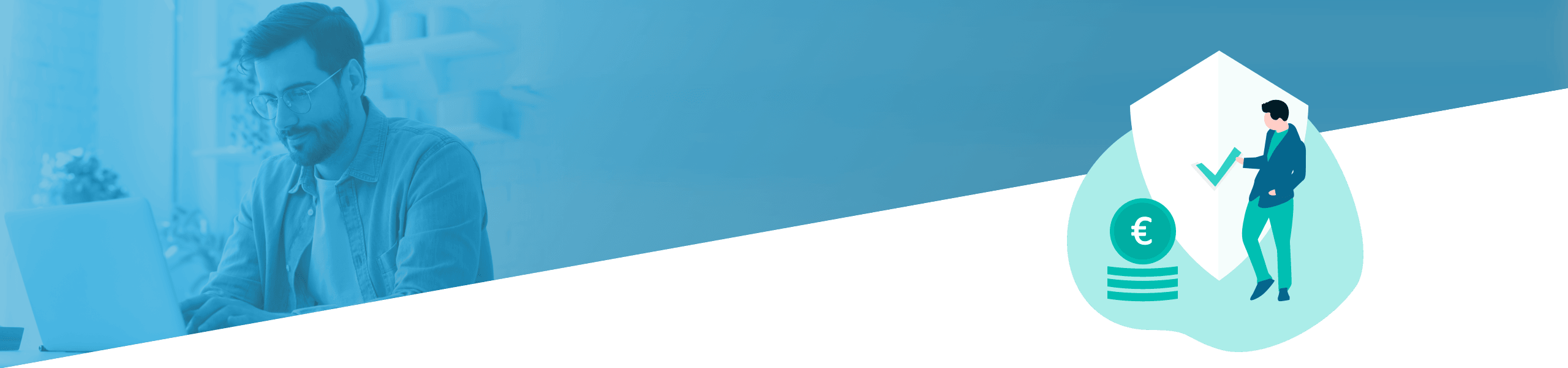 Ein Mann arbeitet an einem Laptop in einem blau getönten Büro. Darüber hinaus ist eine Grafik einer Person zu sehen, die einen Stapel Münzen mit einem Eurozeichen hochklettert, das finanzielles Wachstum symbolisiert.