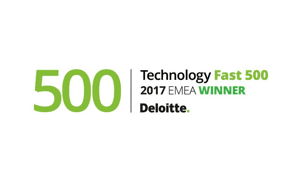 Logo des Gewinners des Deloitte Technology Fast 500 EMEA 2017 mit der Zahl 500 in großer Schrift, zusätzlichem Text und Deloitte-Logo.