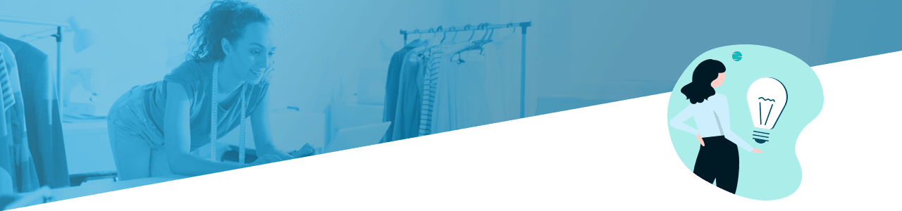 Zweiteiliges Bild: Die linke Seite zeigt eine Frau, die in einem Büro an einem Laptop arbeitet; die rechte Seite zeigt die Grafik einer Frau mit einer Glühbirne, die eine Idee oder Inspiration symbolisiert.