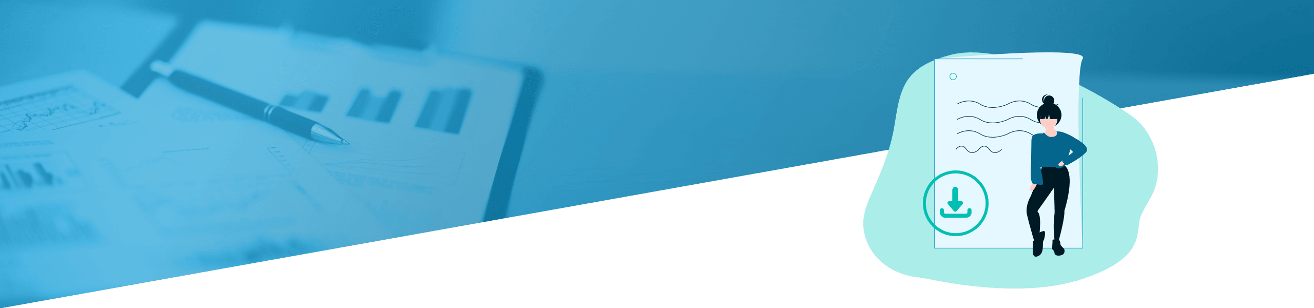 Illustration einer Frau mit einem Smartphone, die Datengrafiken analysiert, geteilt durch ein unscharfes Bild von Finanzdokumenten und Diagrammen auf blauem Hintergrund.