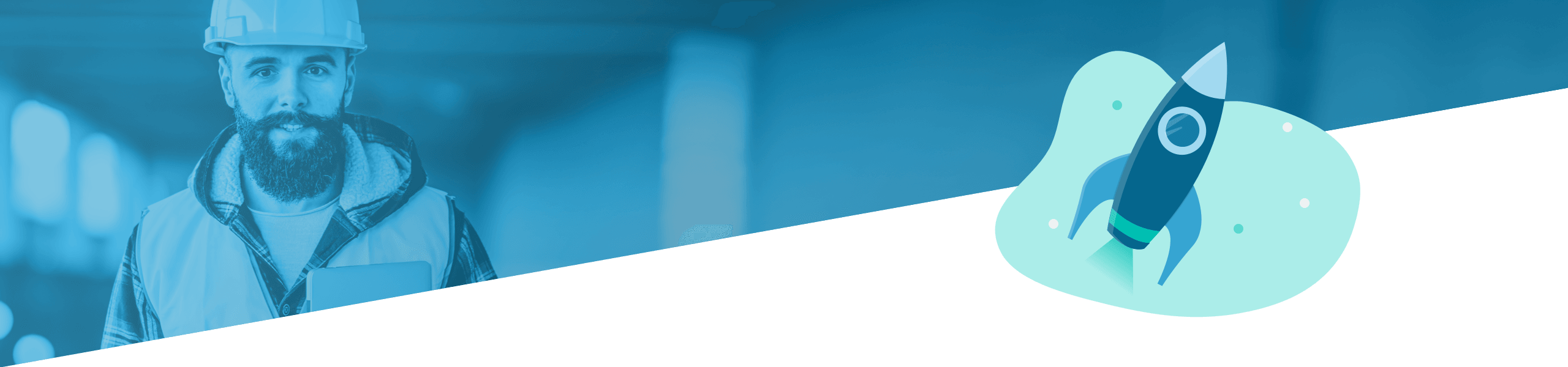 Split-Screen-Bild mit einem bärtigen männlichen Arbeiter mit Bauhelm auf der linken Seite und einer Cartoon-Illustration einer Rakete auf der rechten Seite vor einem blaugrünen Hintergrund.