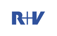 Logo von r+v mit fetten Großbuchstaben in Blau auf weißem Hintergrund.