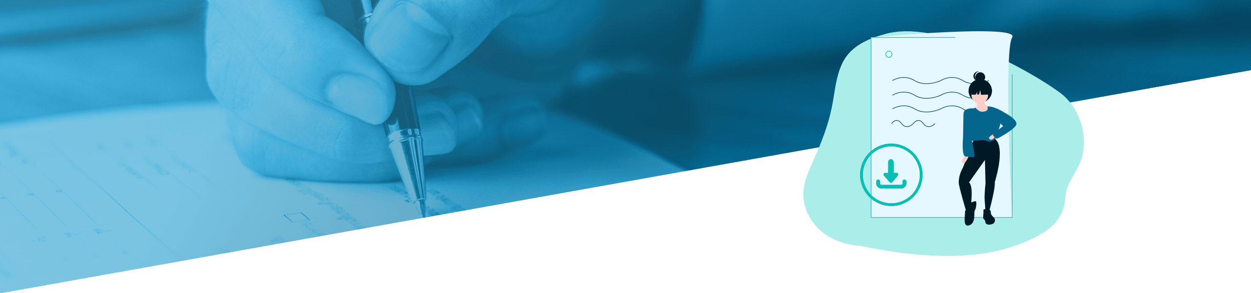 Eine zweigeteilte Grafik: links eine Hand, die mit einem Stift auf Papier schreibt, und rechts die Abbildung einer Person, die auf einem digitalen Gerät eine Checkliste aktualisiert.