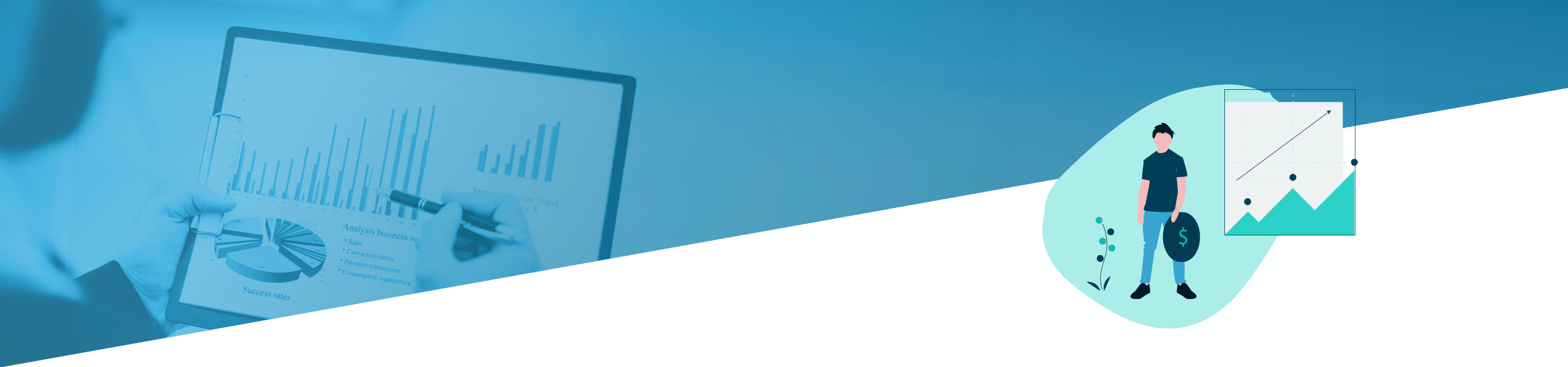 Grafischer Entwurf einer Person, die Finanzdiagramme auf Bildschirmen mit blauem Hintergrund analysiert.