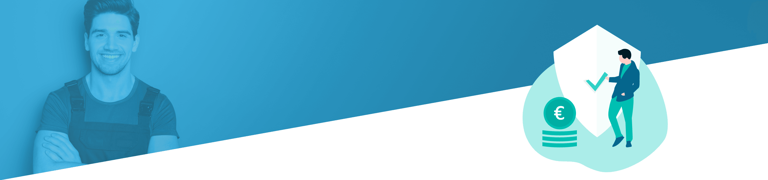 Links ein lächelnder Mann in einem schwarzen T-Shirt vor blauem Hintergrund, rechts die Abbildung einer Person, die ein großes Dokument in Richtung eines Euro-Symbols hochklettert.