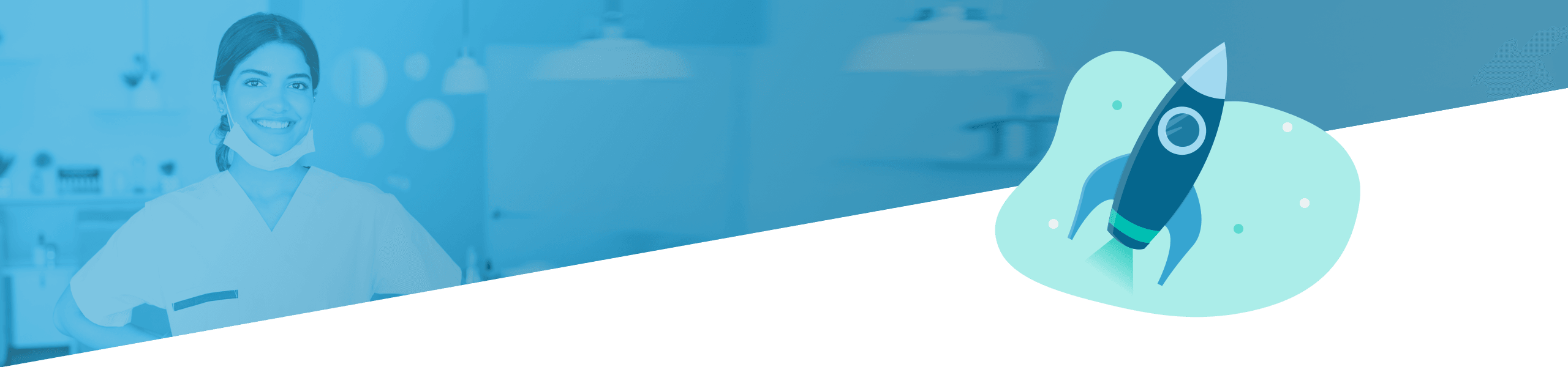 Ein geteiltes Bild mit einer lächelnden Frau im Arztkittel auf der linken Seite und einer stilisierten Raketenstartgrafik auf der rechten Seite, beide vor einem blauen Hintergrund.