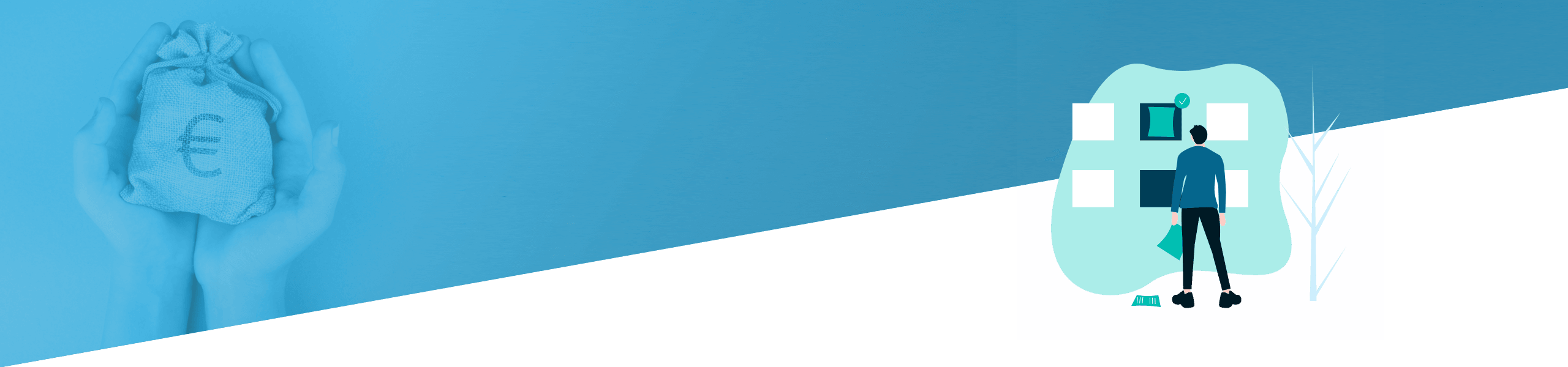 Eine diagonal geteilte Grafik; links hält eine Hand einen Geldbeutel mit einem Eurozeichen und rechts steht eine stilisierte Person neben einem großen Buchstaben „b“, im Hintergrund ist ein Balkendiagramm zu sehen.