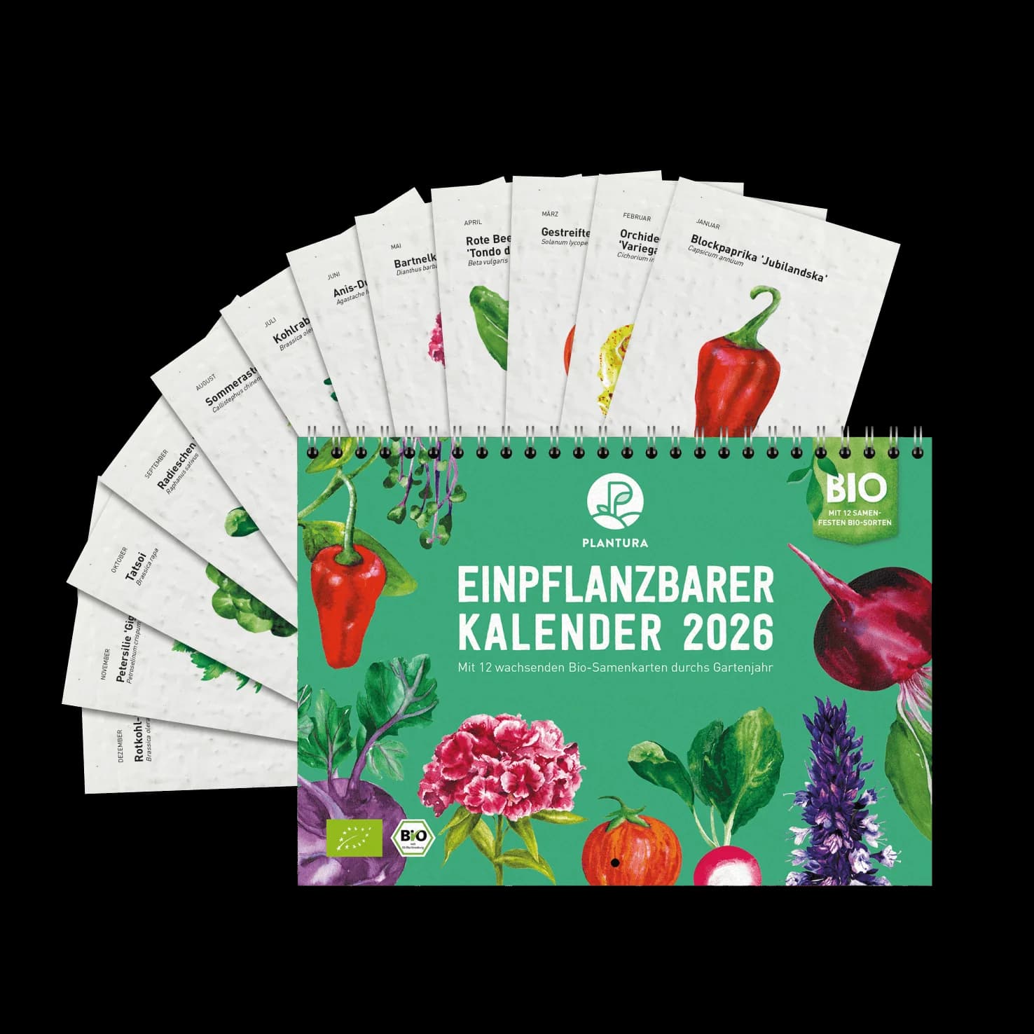 Ein Kalender mit buntem Obst und Gemüse auf dem Titelblatt