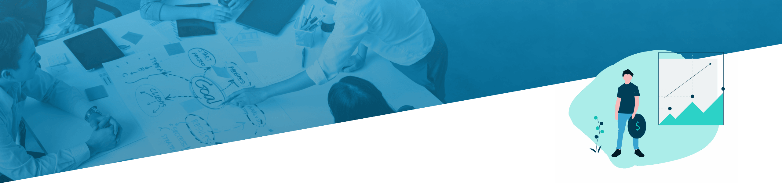 Geteiltes Bild, das links ein Team-Brainstorming mit Notizen und Diagrammen und rechts eine digitale Illustration einer Person mit Grafiken zeigt, beide auf einem blauen Hintergrund.