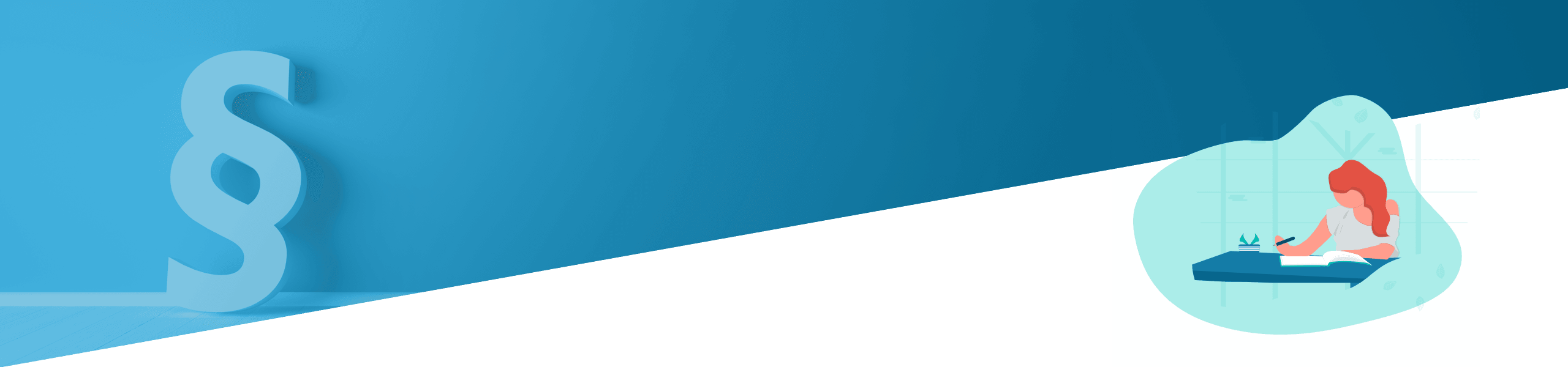 Grafik, die ein Rechtssymbol auf blauem Hintergrund und eine Frau zeigt, die einen Laptop in einem ruhigen, grün getönten Arbeitsbereich verwendet.