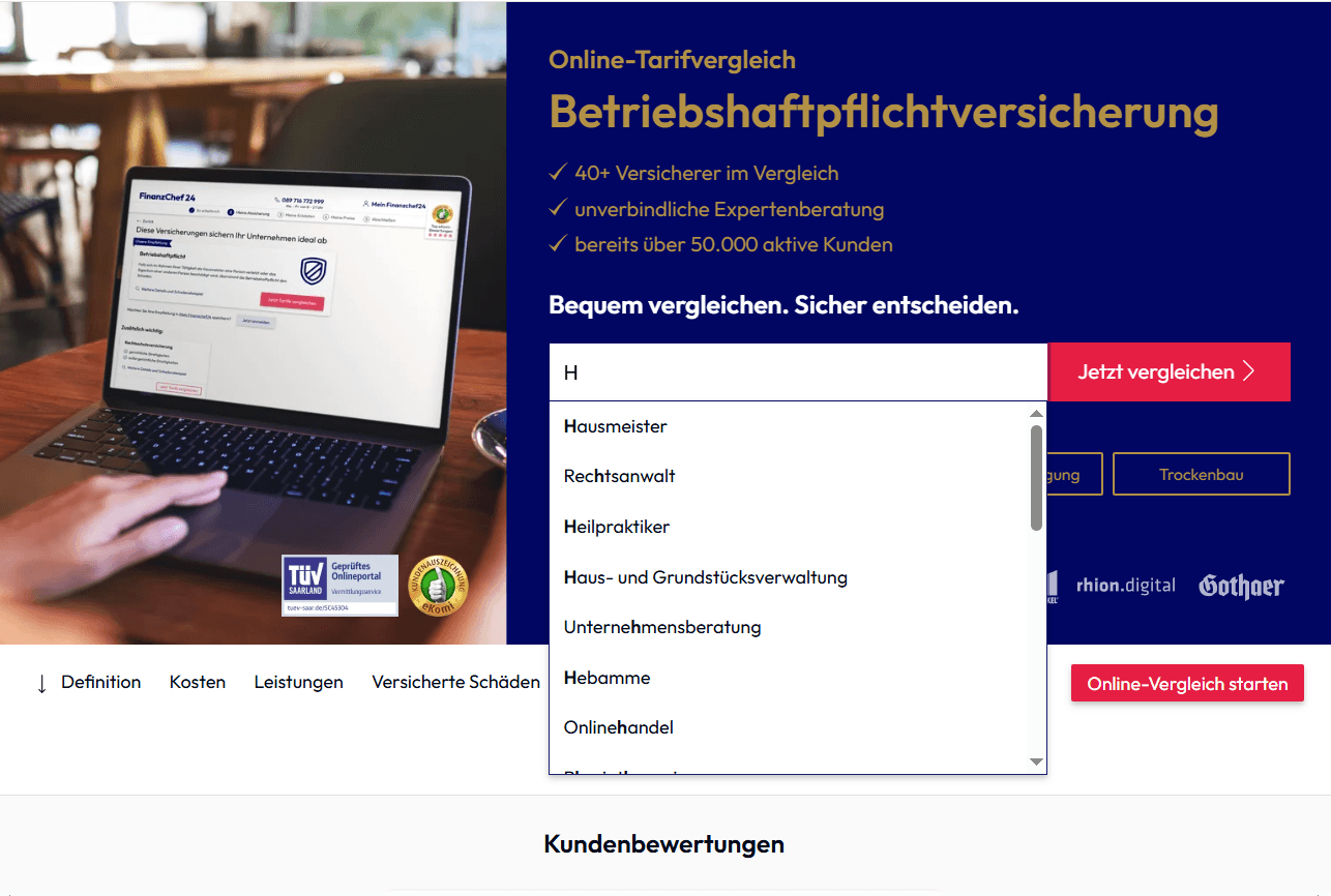 Screenshot der Homepage von Finanzchef24 mit Navigationsmenüs, einem Suchfeld und Werbeinformationen zu einer Gewerbeversicherung.