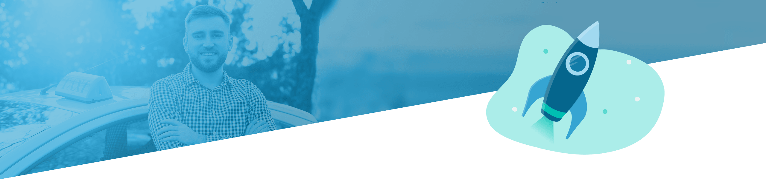 Links ein lächelnder Mann neben einem Auto und rechts die Grafik eines Raketenstarts. Beide Bilder sind blau getönt.