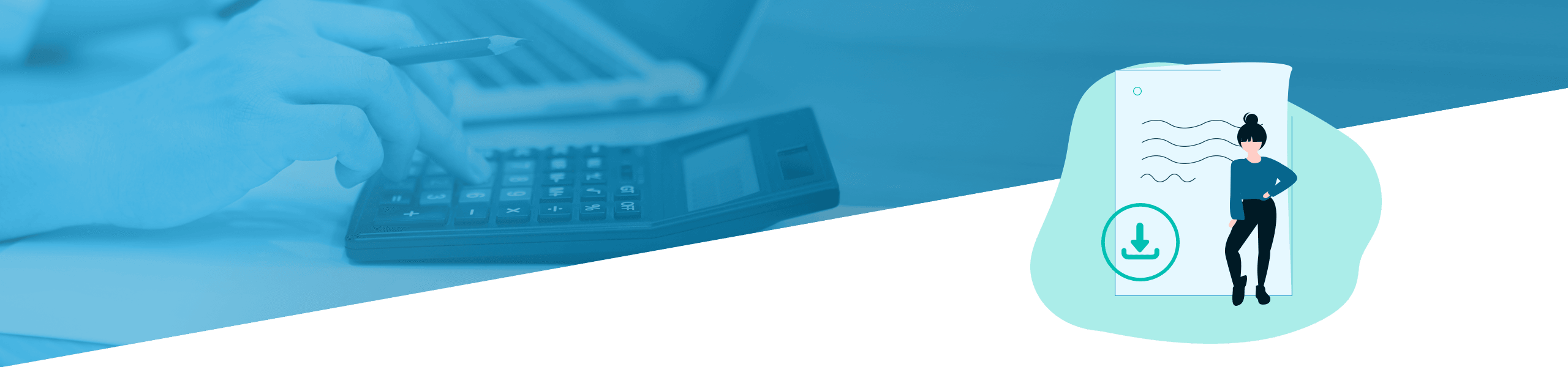 Person, die einen Taschenrechner verwendet und sich Notizen macht, mit einer stilisierten Illustration einer Frau, die Daten in einem Dokument analysiert.