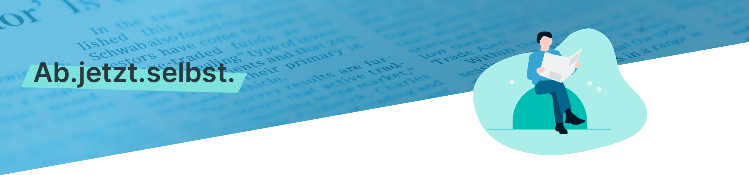 Illustration eines Mannes, der bequem sitzt und eine Zeitung mit Artikeln auf Deutsch liest, vor dem Hintergrund eines weiteren Texts.