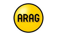 Das Logo von Arag besteht aus schwarzen Großbuchstaben auf einem gelben Kreis mit schwarzem Rand.