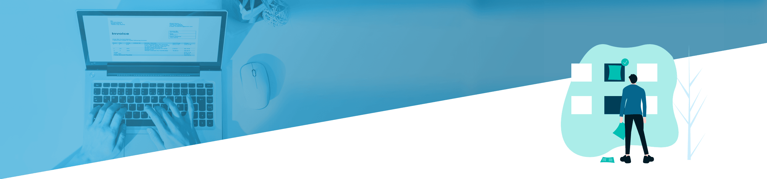 Geteiltes Bild: Auf der linken Seite sind Hände zu sehen, die auf einem Laptop tippen, auf dem eine Rechnung angezeigt wird; auf der rechten Seite ist ein animierter Mann zu sehen, der ein Flussdiagramm studiert.