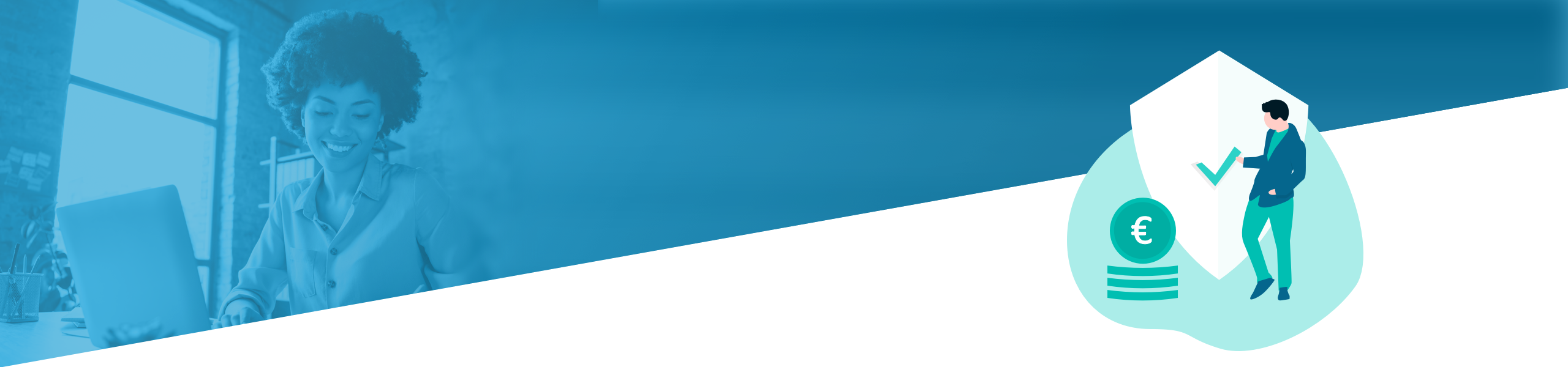 Geteiltes Bild: Links arbeitet eine Frau an einem Computer in einem Büro, rechts die Grafik einer Person mit einer Münze als Symbol für Finanzen bzw. Investitionen.