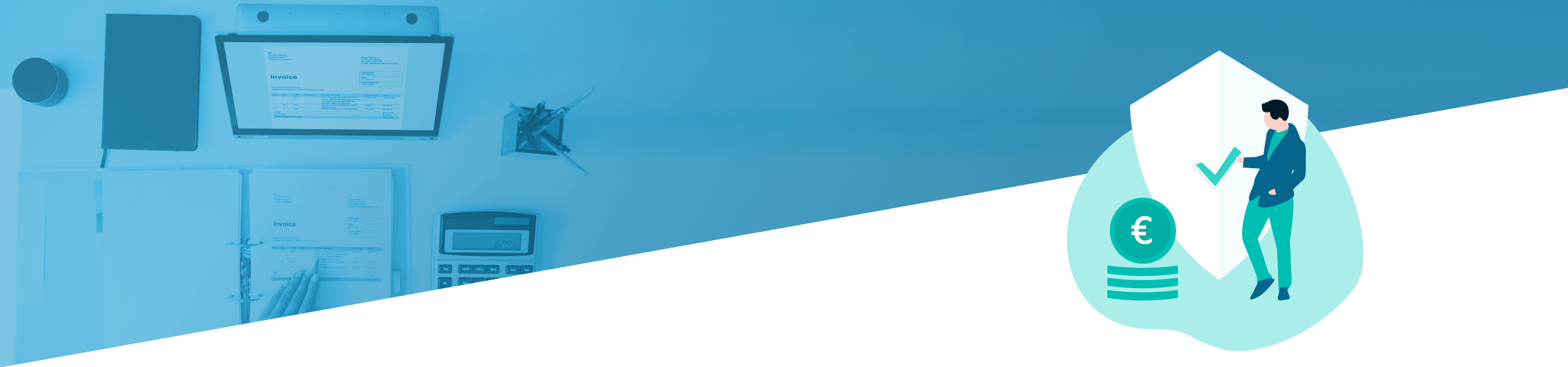 Geteiltes Bild, das links einen organisierten Büroarbeitsplatz mit digitalen Layouts und Diagrammen und rechts die Abbildung einer Person zeigt, die ein großes Dokument mit einem Euro-Symbol hochklettert.