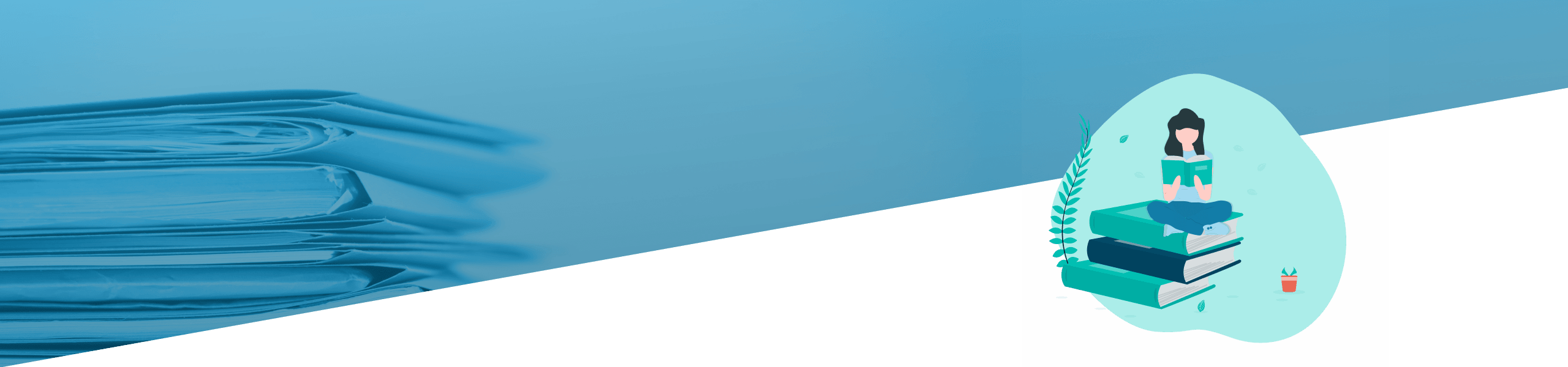 Geteiltes Bild, das links einen Stapel Zeitungen und rechts eine Frau zeigt, die über einem Stapel Bücher meditiert, beide Teile durch eine diagonale Linie getrennt.