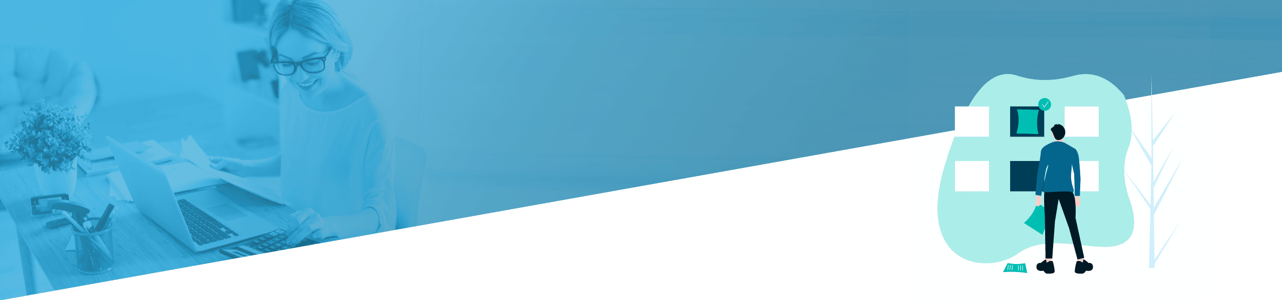 Eine geteilte Grafik mit einer Frau, die links an einem Laptop arbeitet, und einem stilisierten Mann mit einer Aktentasche auf der rechten Seite, vor einem blauen Hintergrund mit Farbverlauf.