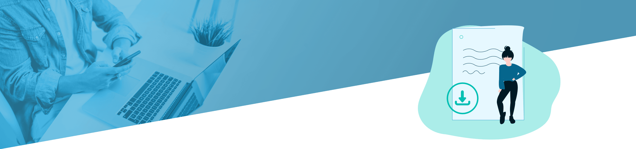 Zwei Personen unterhalten sich in einer entspannten Büroumgebung an einem Laptop. Neben ihr ist eine Abbildung einer Person zu sehen, die ein Dokument mit einem digitalen Genehmigungssymbol prüft.