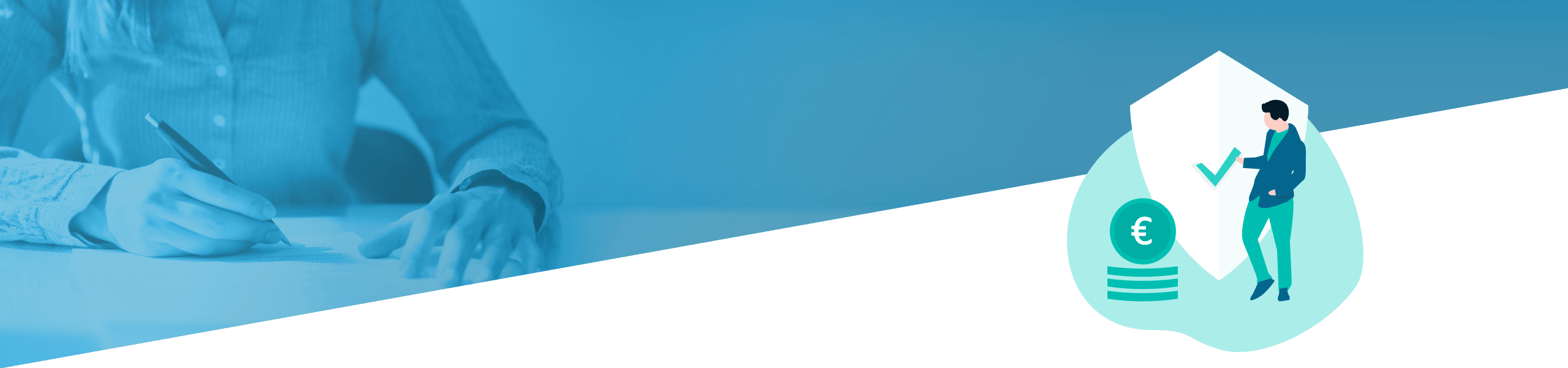 Geteiltes Bild: Links eine Person, die auf Papier schreibt; rechts eine illustrierte Figur, die innerhalb des Umrisses eines Hauses einen großen Münzstapel hochklettert.