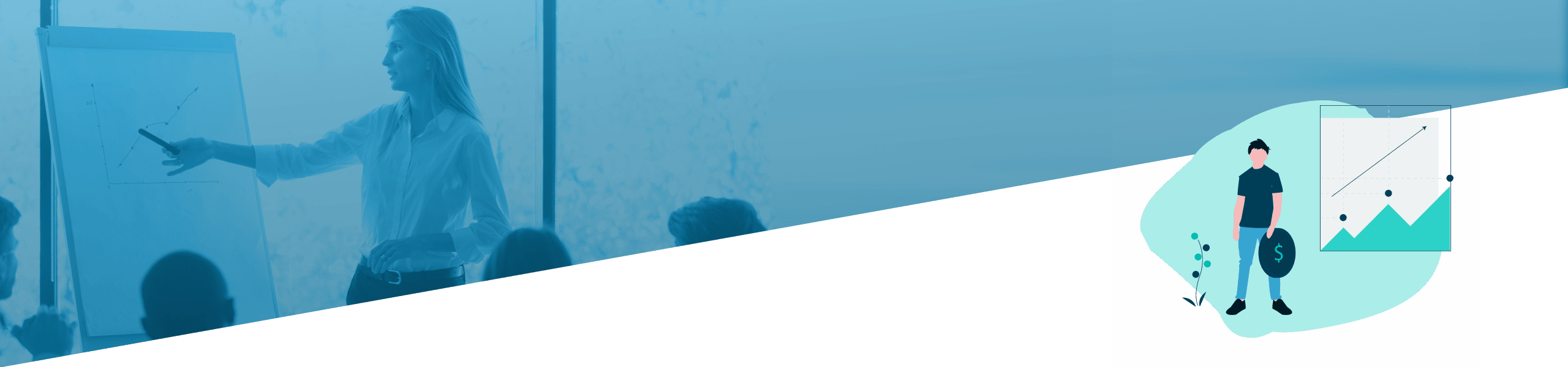 Eine Frau präsentiert in einem Klassenzimmer ein Diagramm auf einem Whiteboard. Dem gegenüber steht eine digitale Illustration eines Mannes, der ein Diagramm auf einem Tablet analysiert.